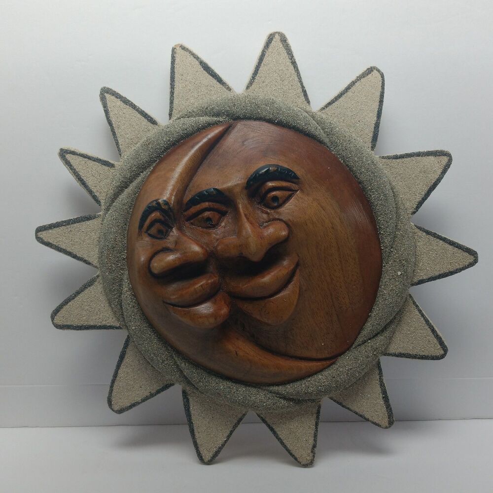 Wood Carved Celestial Sun And Moon Folk Art Sunburst Wall Hanging Home Decor
